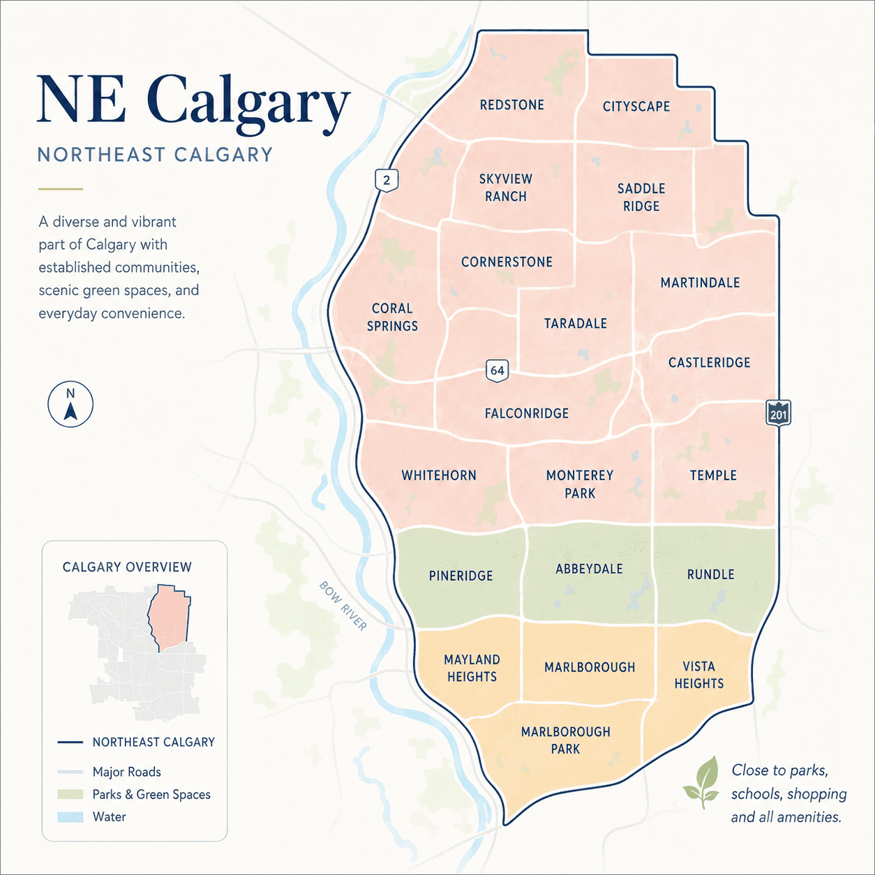 overview map of Northeast Calgary highlighting NE Calgary communities, major roads, the Bow River, parks, green spaces, and neighbourhood areas including Redstone, Cityscape, Skyview Ranch, Saddle Ridge, Martindale, Taradale, Falconridge, Whitehorn, Rundle, Pineridge, Marlborough, Abbeydale, and Temple.