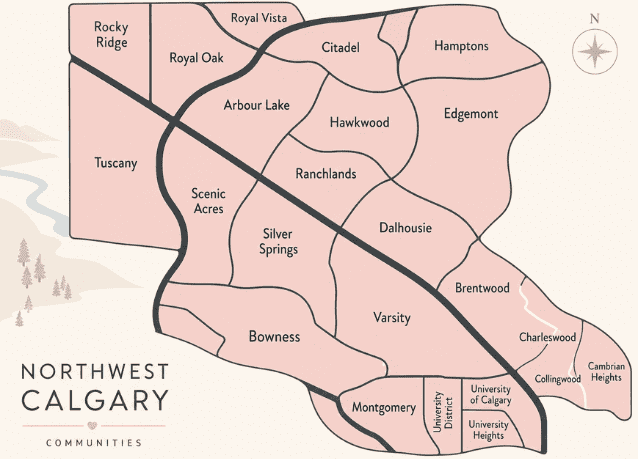 overview map of Northwest Calgary communities, showing neighbourhoods including Tuscany, Rocky Ridge, Royal Oak, Arbour Lake, Edgemont, Varsity, Bowness, Brentwood, Montgomery, University District, and surrounding NW Calgary areas.