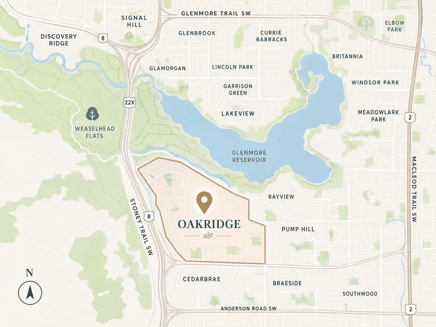 Modern illustrated map of Oakridge Calgary showing the community boundaries near Glenmore Reservoir, South Glenmore Park, Weaselhead Natural Area, and surrounding southwest Calgary neighbourhoods including Lakeview, Bayview, Discovery Ridge, Cedarbrae, and Pump Hill. The map highlights parks, pathways, major roads, the SW Ring Road (Stoney Trail), and nearby amenities in a soft neutral green and beige Make Your Move Calgary style.