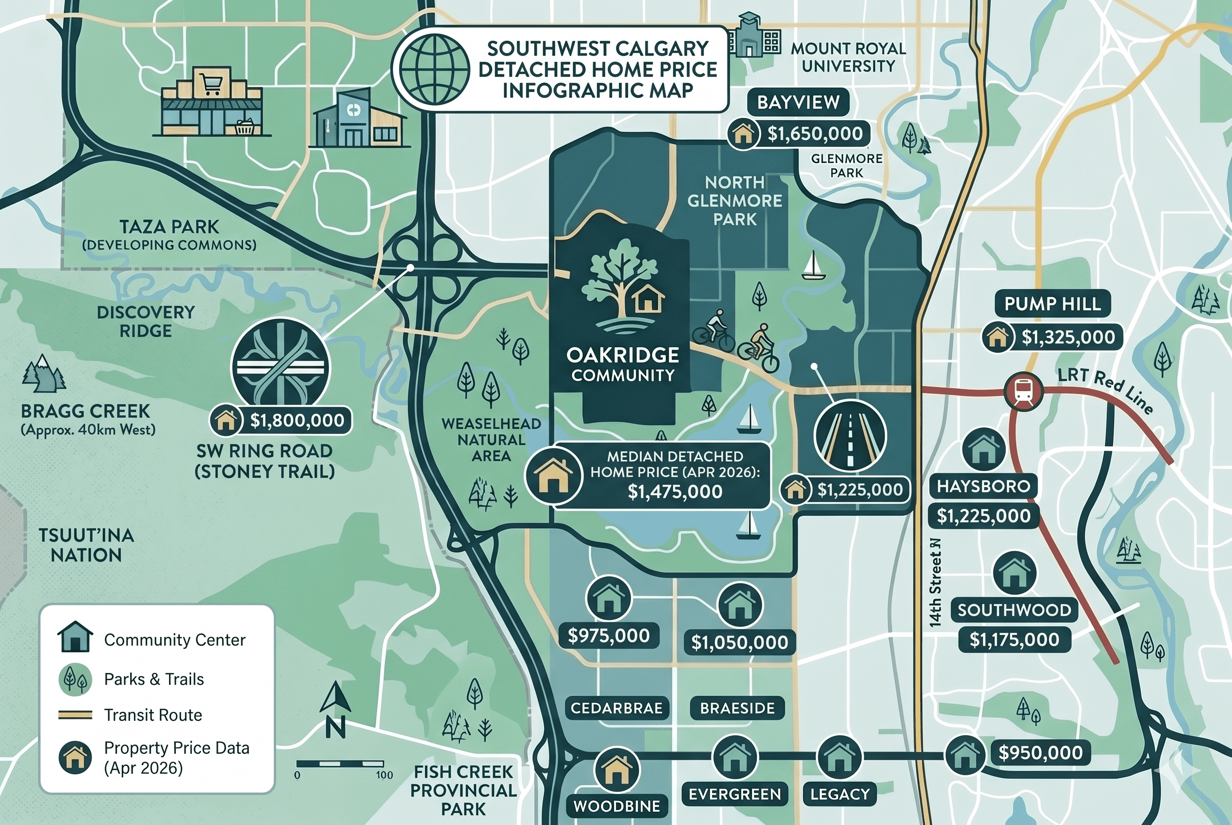 A modern, stylized infographic map of Southwest Calgary featuring the Oakridge community and surrounding areas. The map is designed in a clean teal and forest green color palette. It displays median detached home prices as of April 2026 for various communities: Oakridge ($1,475,000), Bayview ($1,650,000), Pump Hill ($1,325,000), Haysboro ($1,225,000), Southwood ($1,175,000), Cedarbrae ($975,000), Braeside ($1,050,000), Woodbine ($950,000), and luxury properties near the SW Ring Road ($1,800,000). Key geographical landmarks include the Glenmore Reservoir, Weaselhead Natural Area, Fish Creek Provincial Park, and the Taza Park development. Major transportation routes like Stoney Trail (SW Ring Road) and the LRT Red Line are clearly labeled alongside community landmarks like Mount Royal University.