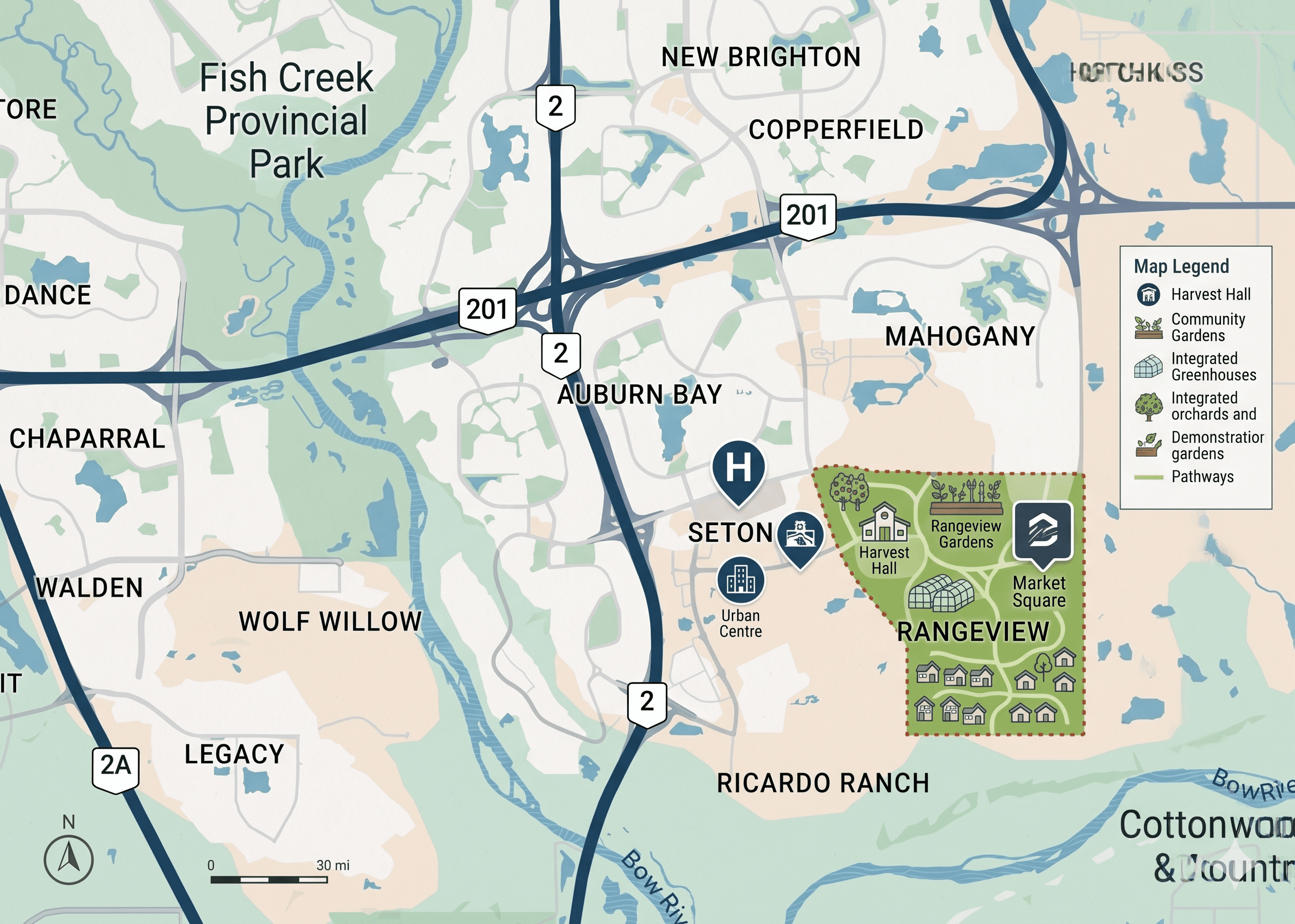 A modern, stylized real estate community map of Southeast Calgary, showcasing the location and unique amenities of the Rangeview neighborhood.</p>
<p>The map features a clean, illustrated design using a contemporary color palette of sage green, navy blue, soft beige, and white. Major surrounding communities like Seton, Mahogany, Auburn Bay, and Legacy are clearly labeled, alongside key roadways such as Deerfoot Trail (Highway 2) and Stoney Trail (Route 201). Fish Creek Provincial Park is visible to the northwest, and the Bow River runs along the southern border.