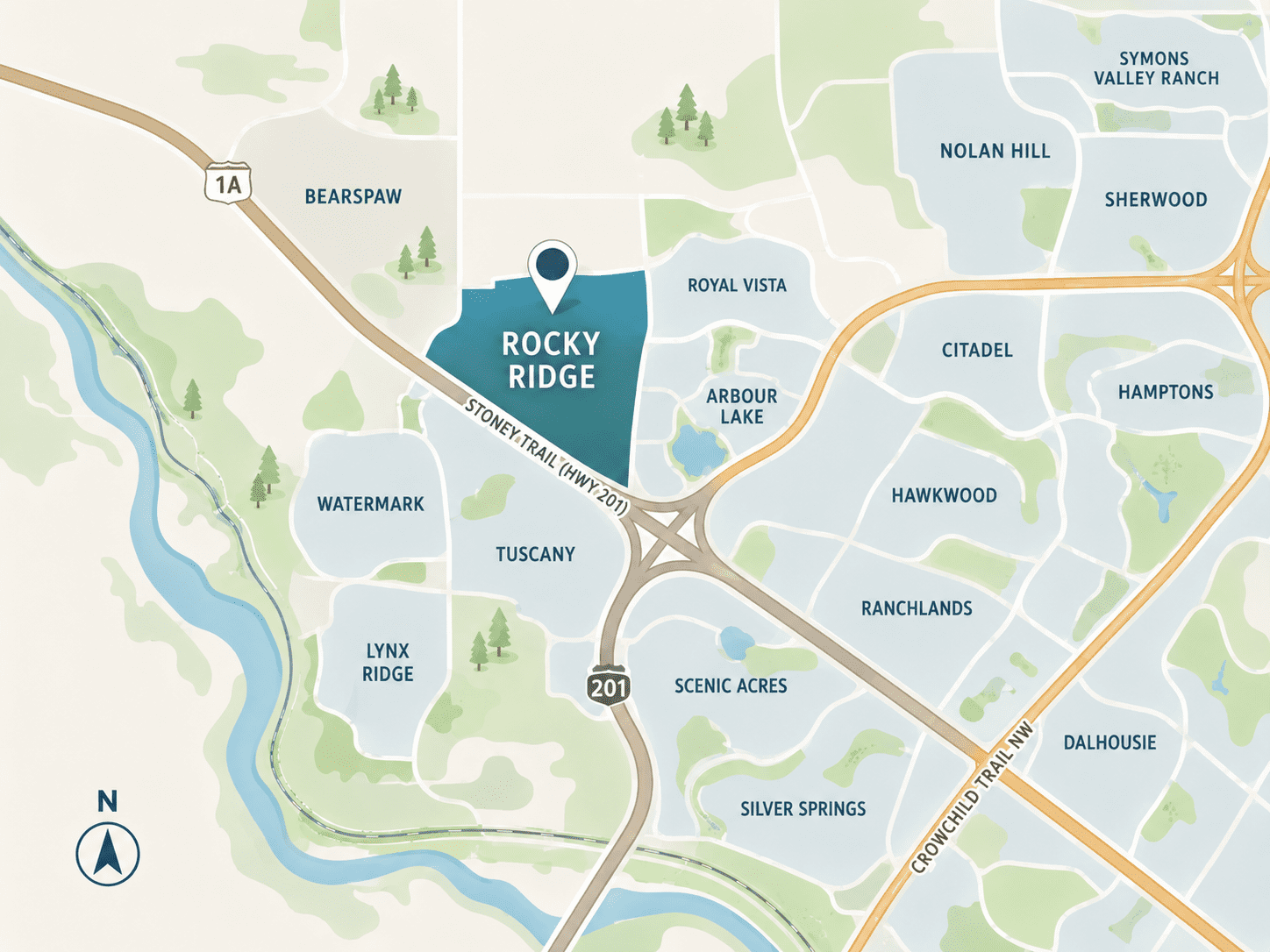 Stylized community map highlighting Rocky Ridge in northwest Calgary, with nearby areas including Tuscany, Royal Vista, Arbour Lake, Scenic Acres, Bearspaw, Watermark, Lynx Ridge, Citadel, Hawkwood, Ranchlands, Silver Springs, Dalhousie, Nolan Hill, Sherwood, Hamptons, and Symons Valley Ranch. Major routes including Stoney Trail, Crowchild Trail NW, and Highway 1A are shown for orientation.