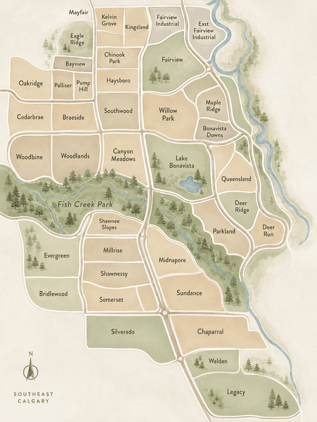 Illustrated community map of SE Calgary real estate and Calgary southeast homes for sale.