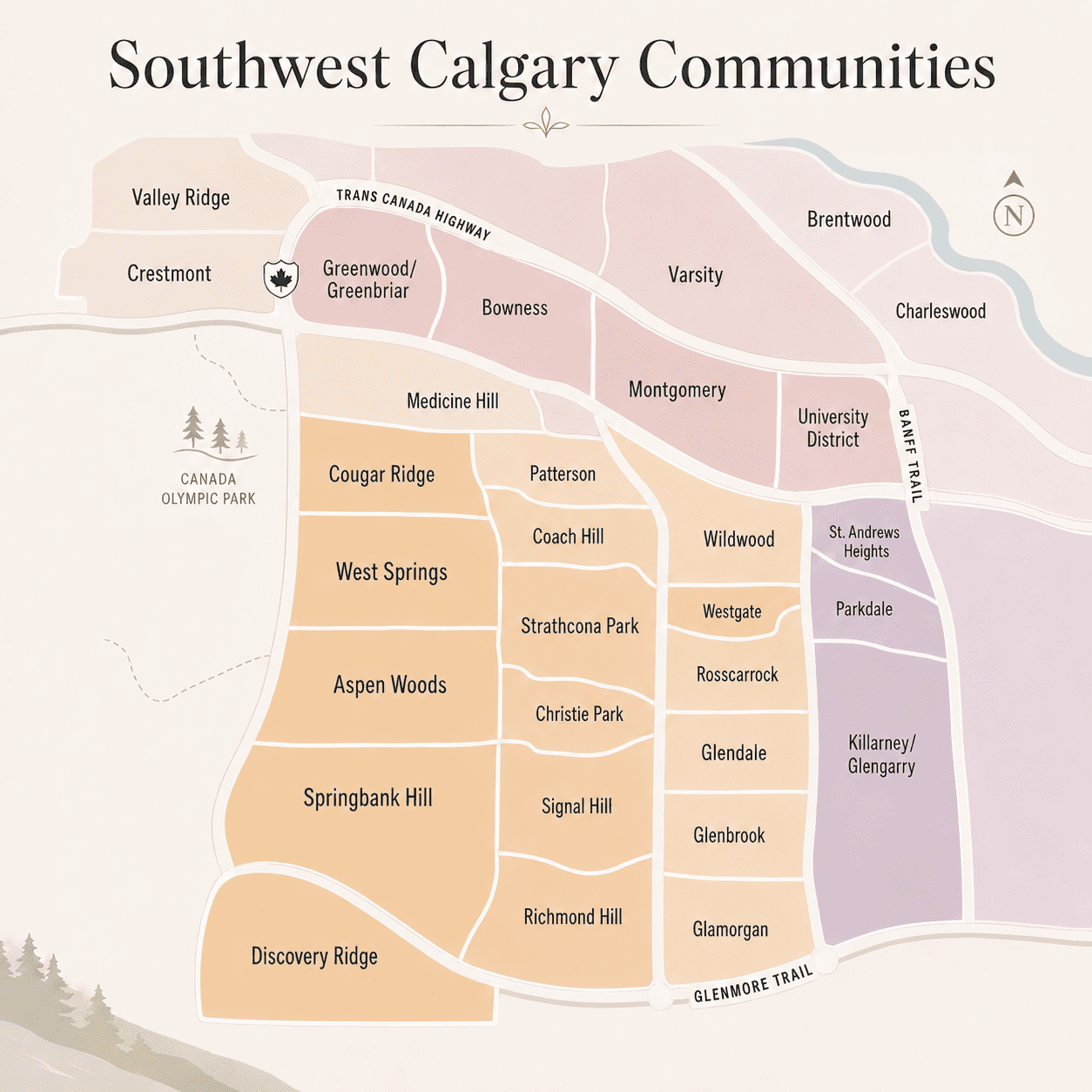 Illustrated map of Southwest Calgary communities including Aspen Woods, West Springs, Lakeview, Oakridge, Shawnessy, Belmont, Alpine Park, Fish Creek Provincial Park, and Glenmore Reservoir.