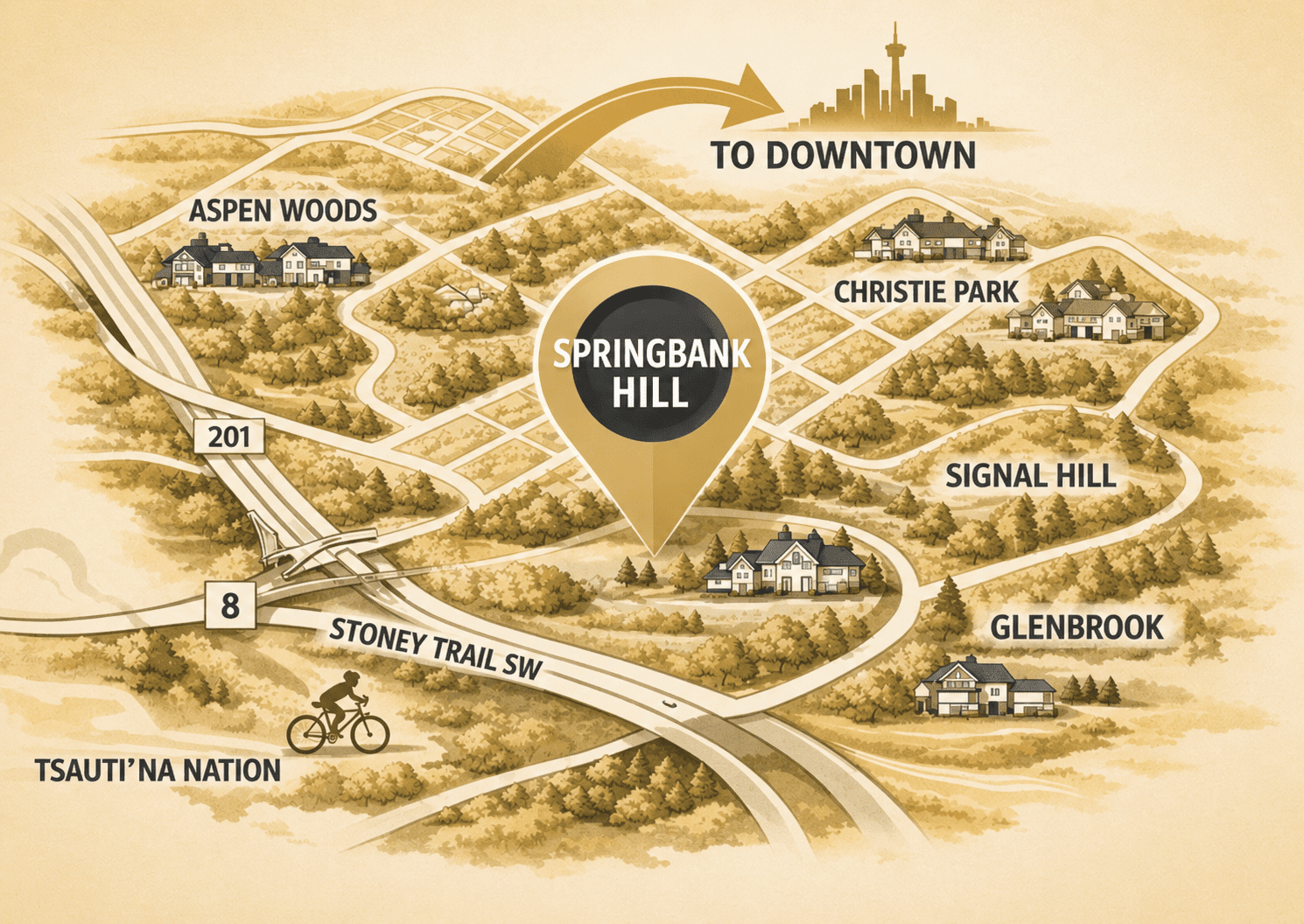 Springbank Hill Calgary community map showing landmarks and surrounding communities