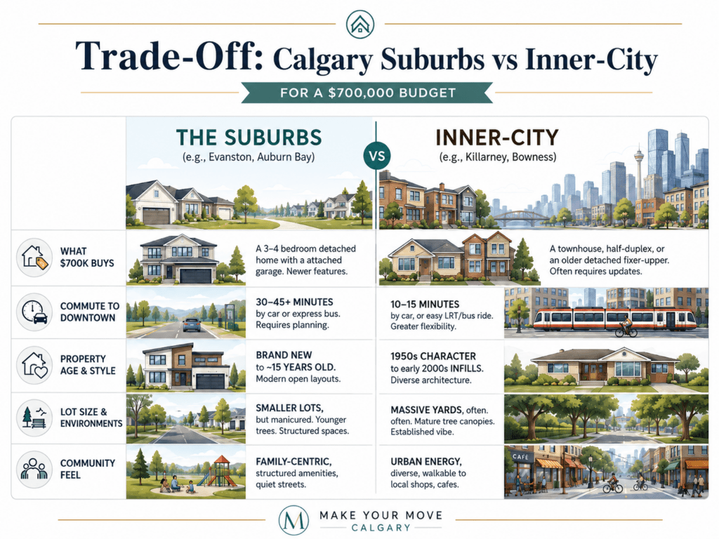 Infographic comparing Calgary suburbs and inner-city communities for a $700,000 budget, showing differences in home type, commute time, property age, lot size, and community feel.