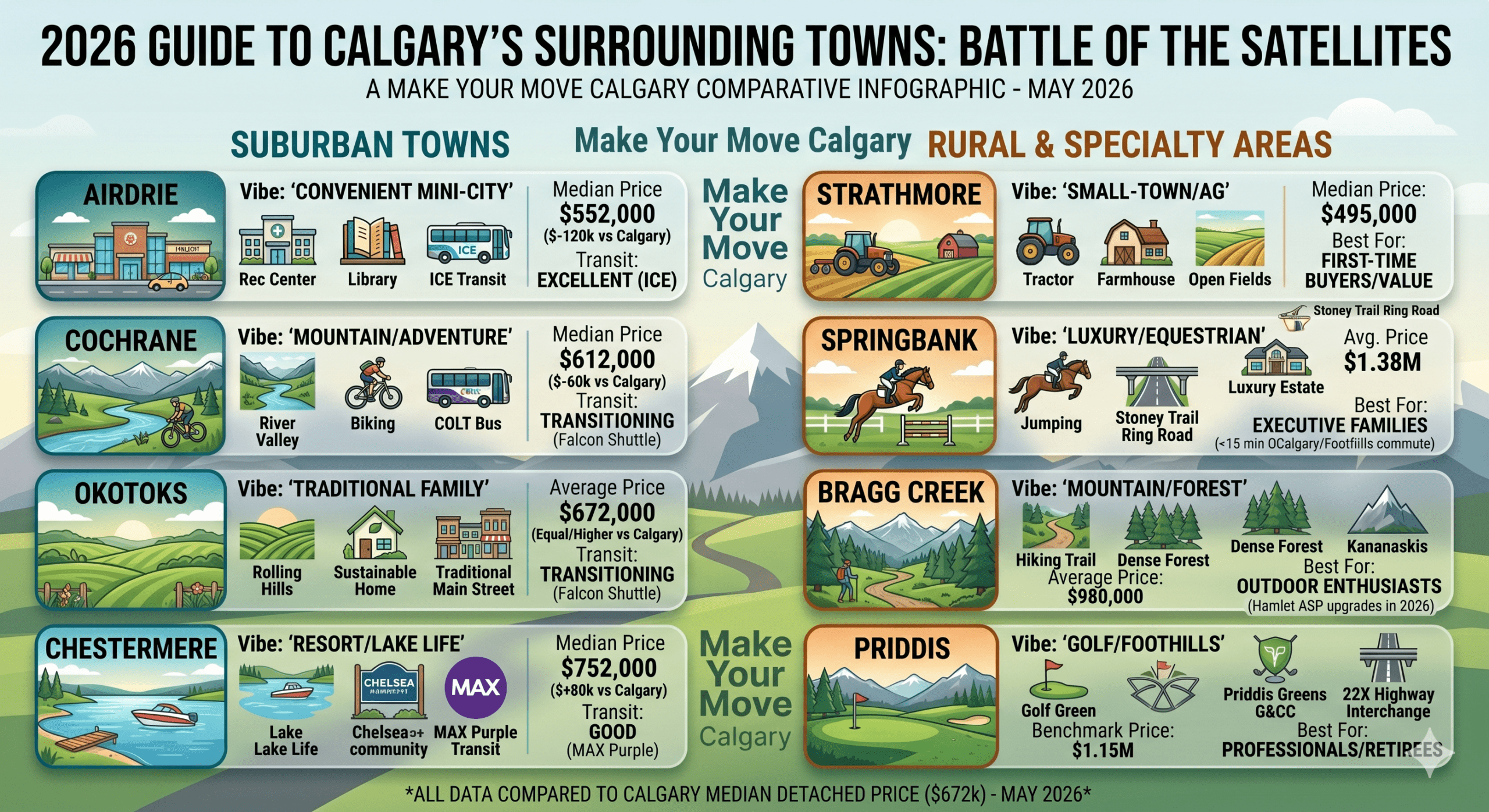 Infographic titled '2026 Guide to Calgary's Surrounding Towns: Battle of the Satellites' comparing home prices, transit, and lifestyle vibes for Airdrie, Cochrane, Okotoks, Chestermere, Strathmore, Springbank, Bragg Creek, and Priddis.
