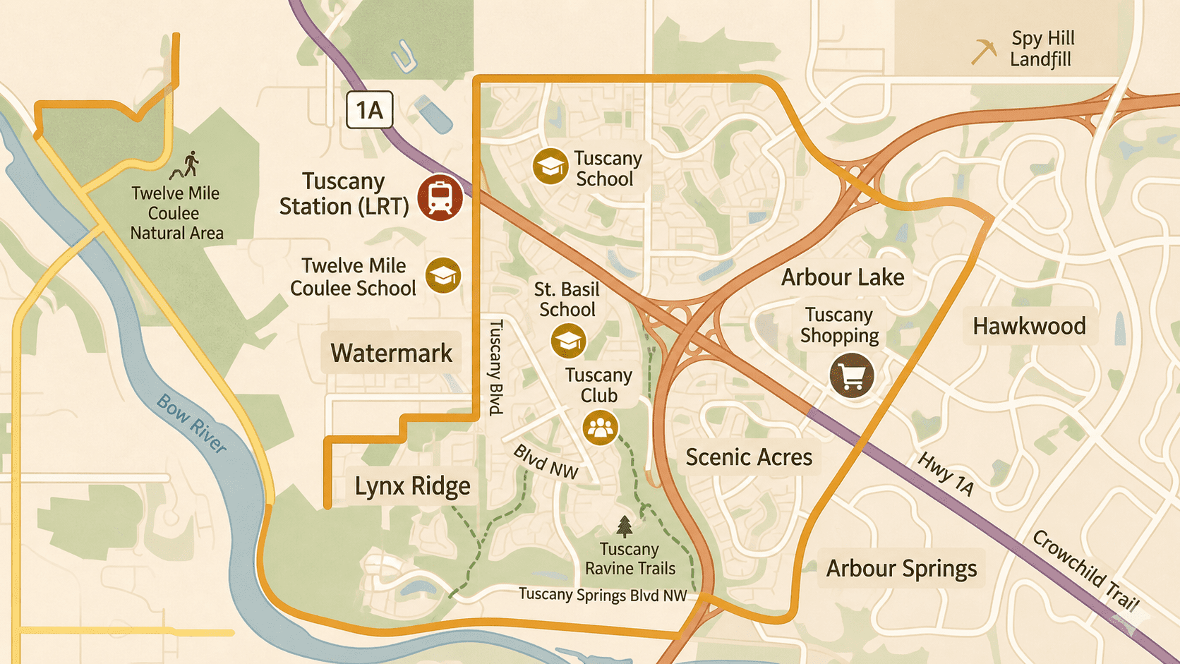 Tuscany Calgary community map showing surrounding communities and landmarks