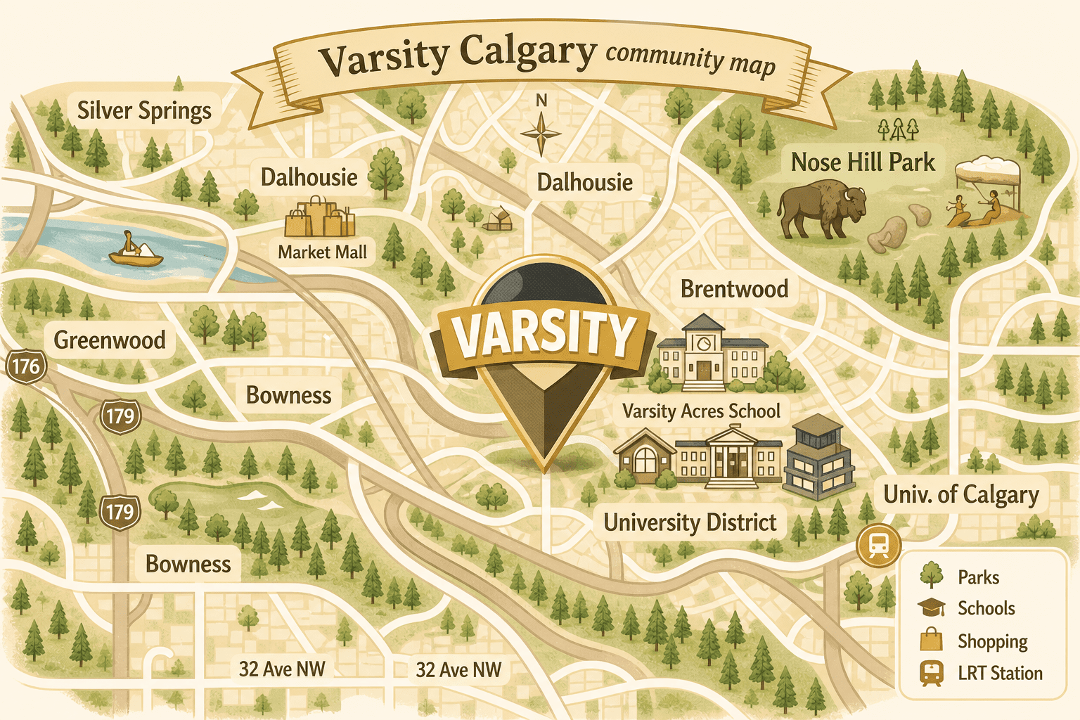 modern stylized community map for Varsity Calgary showing surrounding communities and landmarks