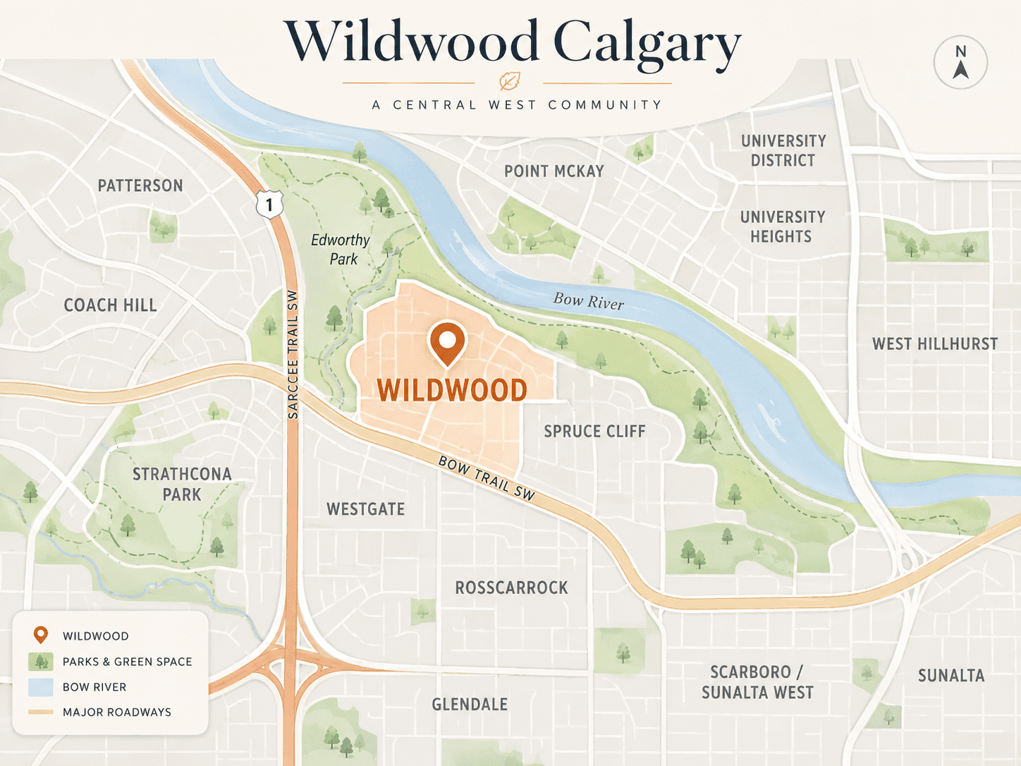 community map of Wildwood Calgary highlighting Wildwood in central west Calgary near Edworthy Park, the Bow River, Bow Trail SW, and Sarcee Trail SW, with nearby communities including Spruce Cliff, Westgate, Rosscarrock, Glendale, Coach Hill, Strathcona Park, Point McKay, West Hillhurst, and Sunalta.