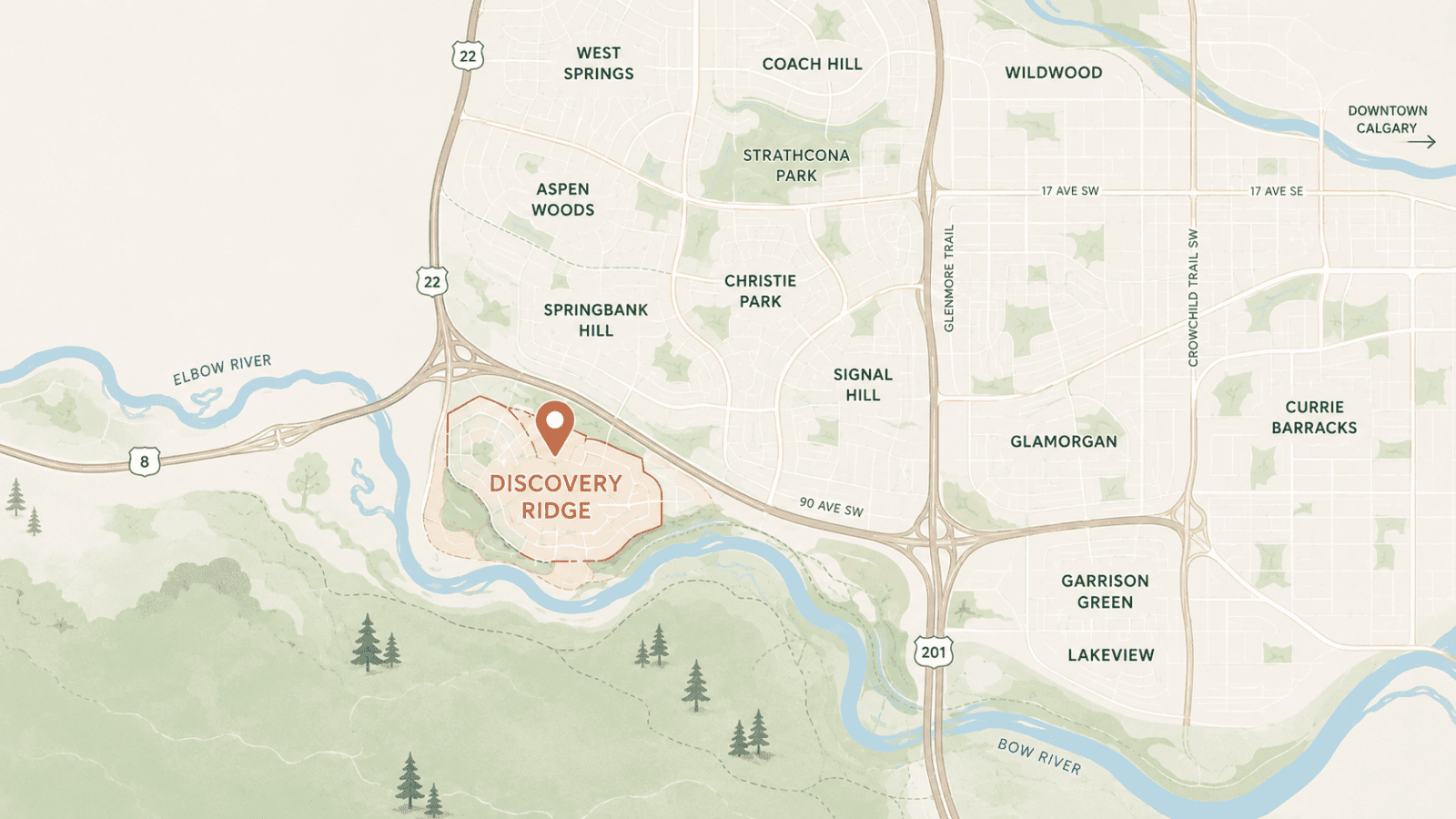 map of Discovery Ridge showing its location in southwest Calgary and surrounding communities and major roads.