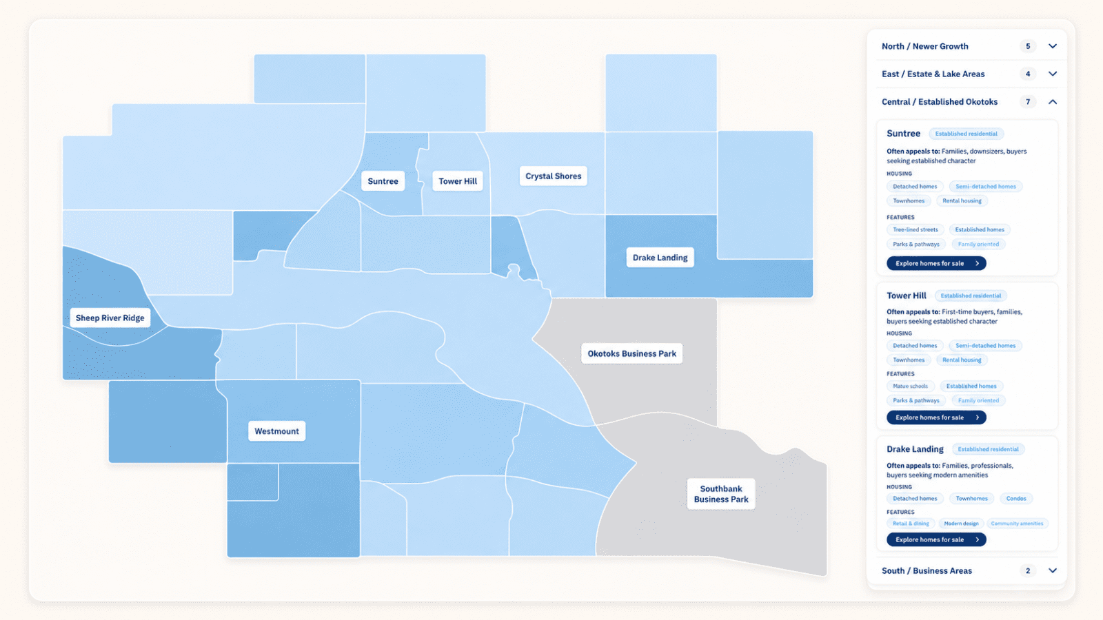 Okotoks community map preview showing blue-shaded neighbourhood regions with labelled areas such as Suntree, Tower Hill, Crystal Shores, Drake Landing, Sheep River Ridge, Westmount, and Okotoks Business Park, alongside a directory panel with community details, housing styles, features, and links to explore homes for sale.