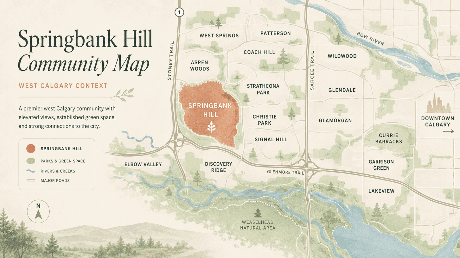 Stylized map of Springbank Hill showing its location in west Calgary near Aspen Woods, West Springs, Signal Hill, Discovery Ridge, Glenmore Trail, Sarcee Trail, and nearby green spaces.<br />
